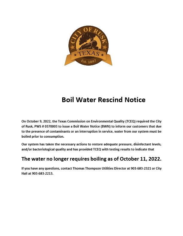 Boil Water Notice October 2022 City of Rusk TX