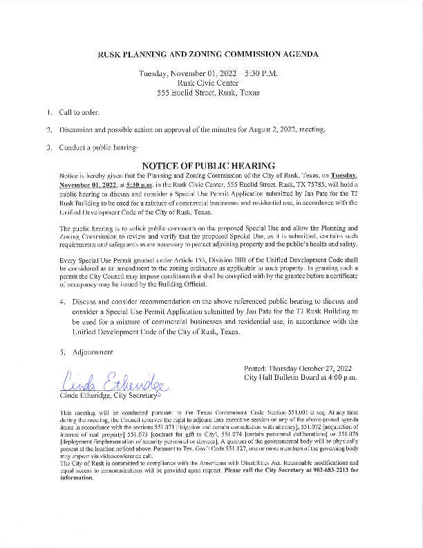 Public hearing for Planning and Zoning Special Use Permit City of Rusk TX