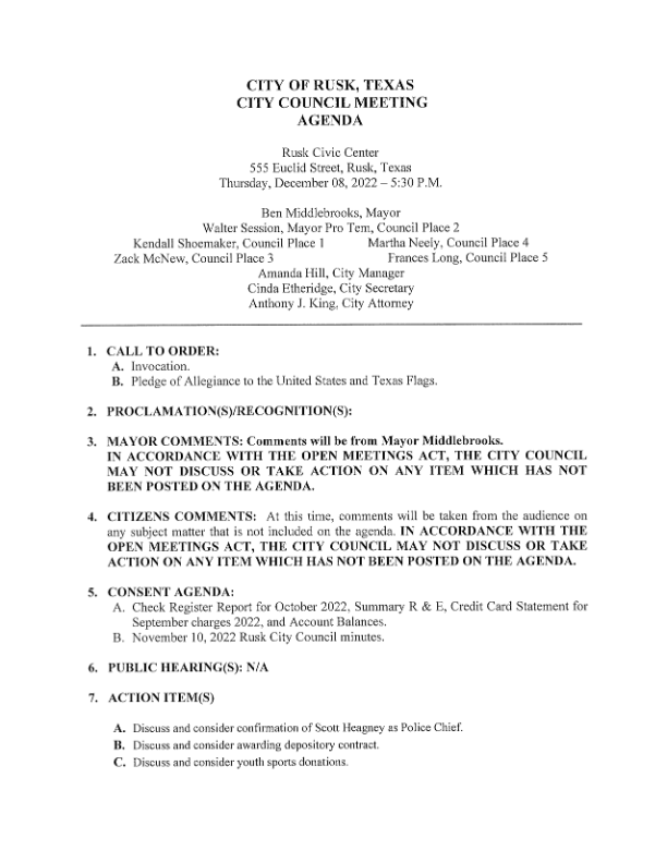 December 8, 2022 City Council Agenda Packet – City of Rusk TX