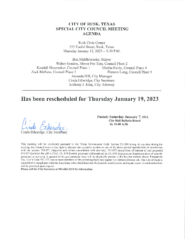 January 12, 2023 Special City Council Agenda City of Rusk TX