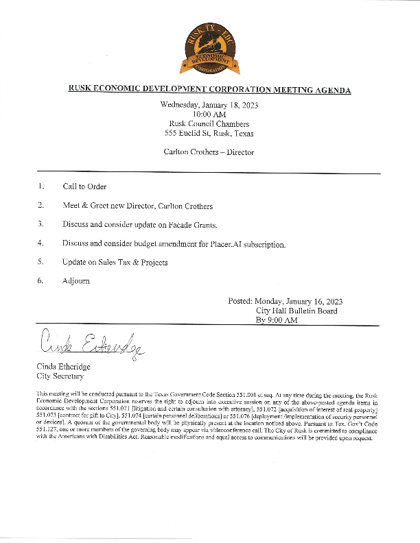 January 19, 2023 City Council Agenda City of Rusk TX
