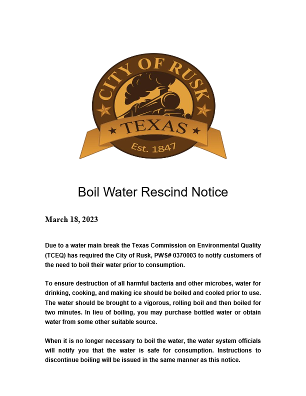 Boil Water Notice City of Rusk TX