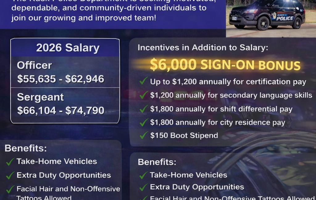 CITY OF RUSK - PD HIRING 6K Sign On Bonus